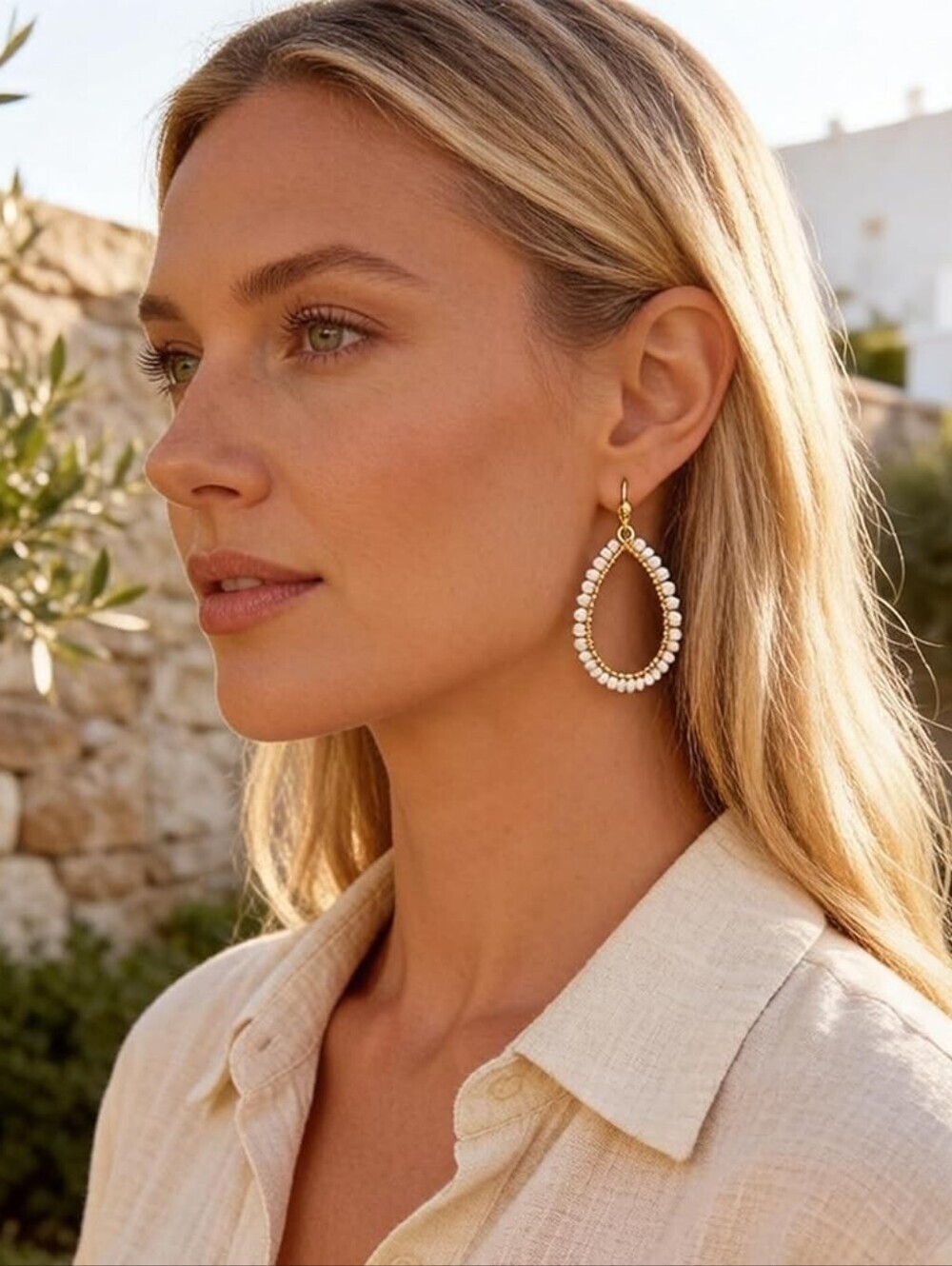 Boho Gold White Crystal Bead Dangle Drop Teardrop Hoop Earrings
